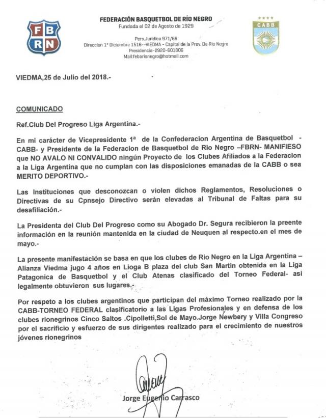 La Federacin de Ro Negro se opone a que Del Progreso juegue Liga Argentina